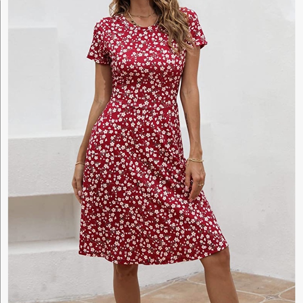 Red and white floral skater skirt dress